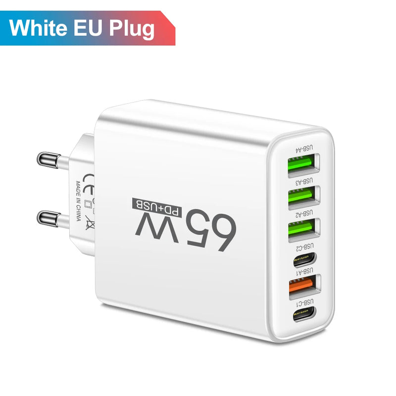 Carregador Rápido 65W – 6 em 1: Carregue iPhone, Samsung, Xiaomi e Mais com Velocidade e Eficiência!