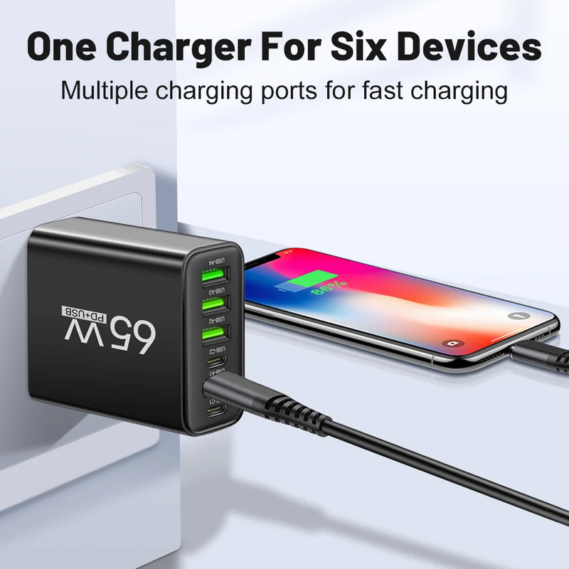 Carregador Rápido 65W – 6 em 1: Carregue iPhone, Samsung, Xiaomi e Mais com Velocidade e Eficiência!