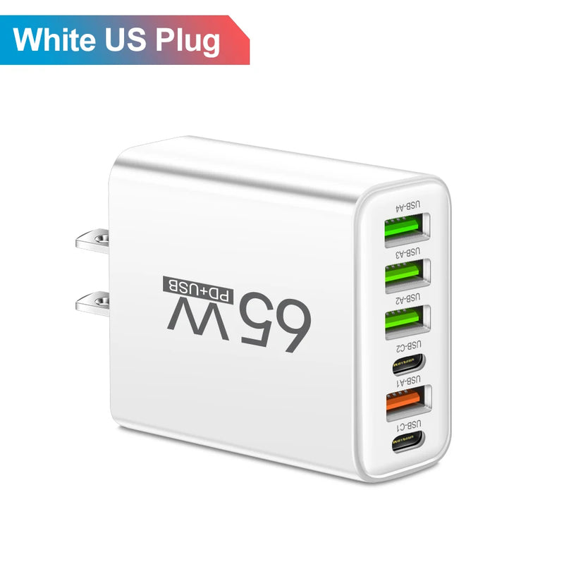 Carregador Rápido 65W – 6 em 1: Carregue iPhone, Samsung, Xiaomi e Mais com Velocidade e Eficiência!