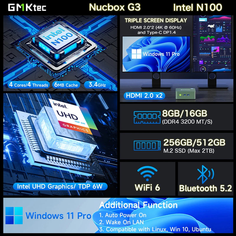 Mini PC GMKtec G3 – Intel Alder Lake N100, Windows 11 Pro, WiFi 6, BT 5.2, SSD PCIe M.2 e Até 16GB DDR4!