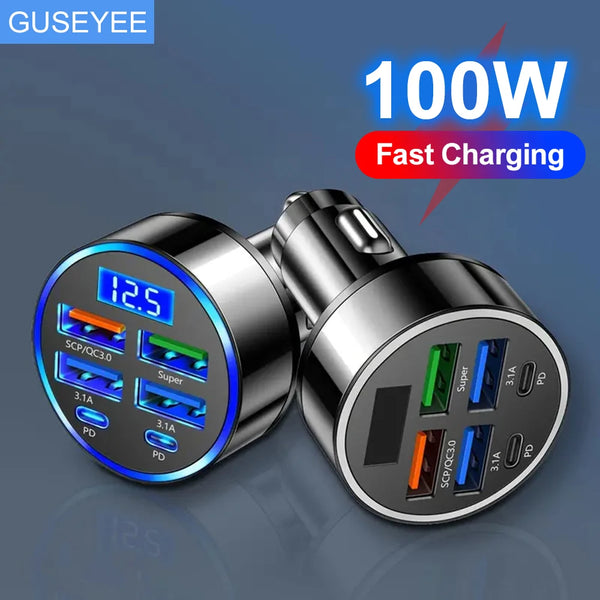 Carregador de Carro USB Tipo C 100W – 6 Portas com Carregamento Rápido PD e QC3.0!