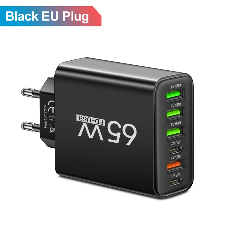 Carregador Rápido 65W – 6 em 1: Carregue iPhone, Samsung, Xiaomi e Mais com Velocidade e Eficiência!