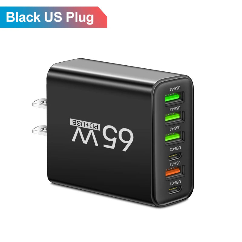 Carregador Rápido 65W – 6 em 1: Carregue iPhone, Samsung, Xiaomi e Mais com Velocidade e Eficiência!