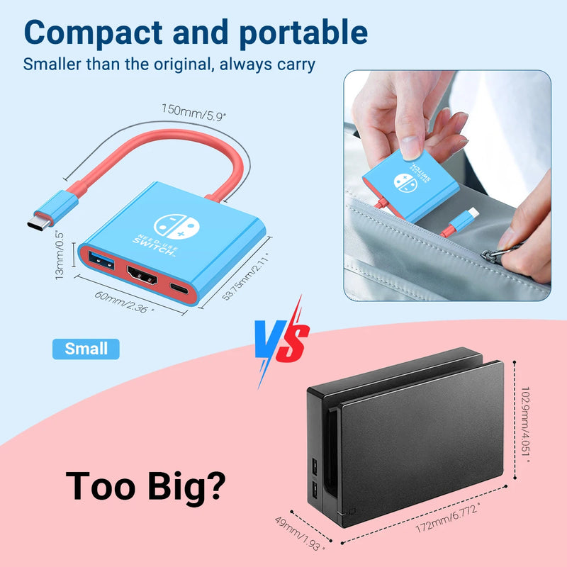 Portátil Nintendo Switch Docking Station TYPE-C Hub com HDMI e USB 3.0 Perfeito para Viagens e Jogos