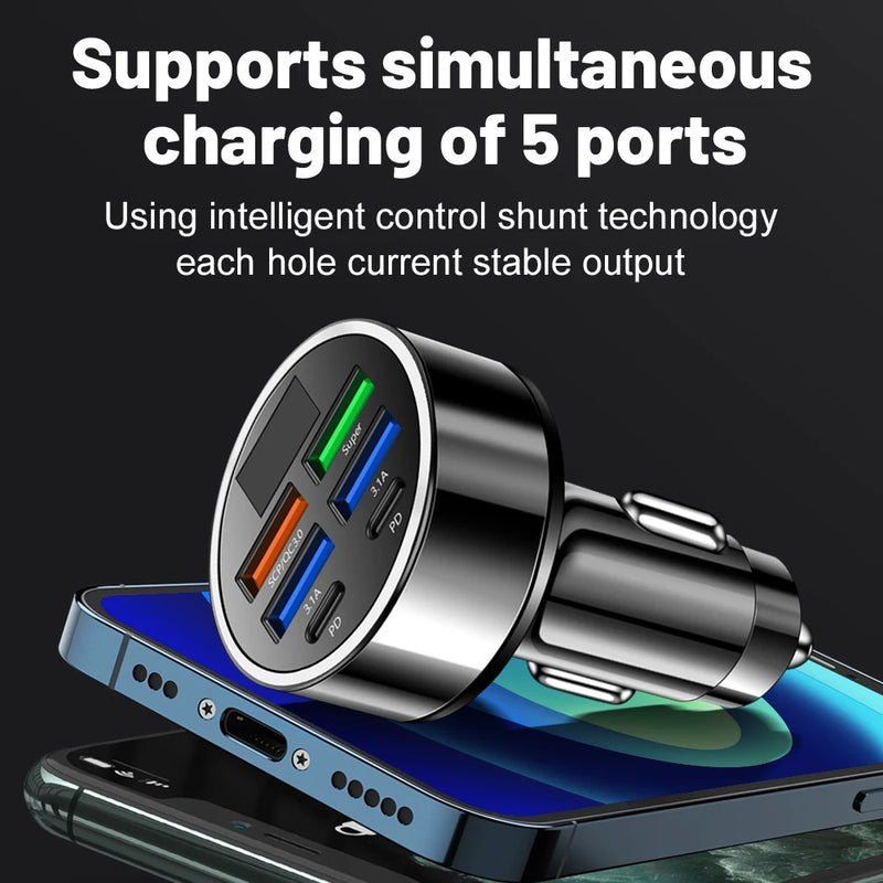 Carregador de Carro USB Tipo C 100W – 6 Portas com Carregamento Rápido PD e QC3.0!