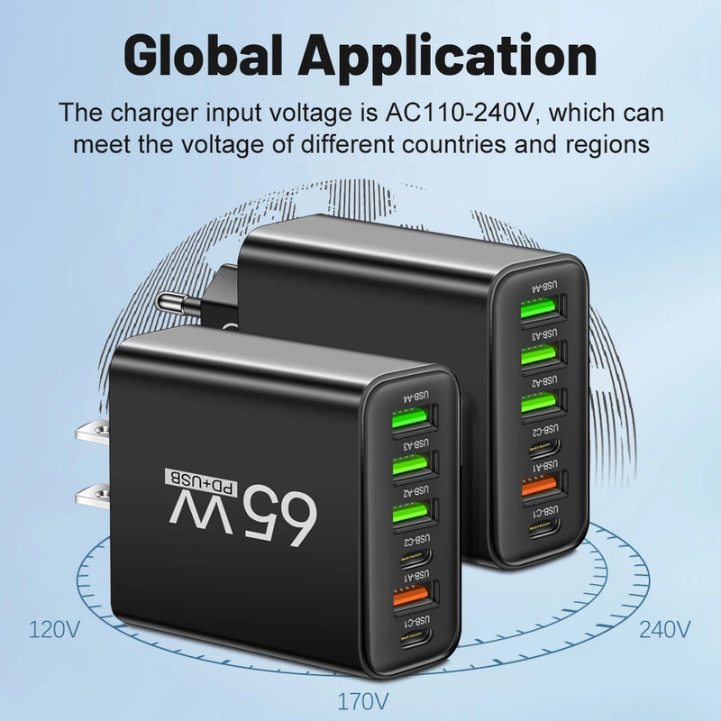 Carregador Rápido 65W – 6 em 1: Carregue iPhone, Samsung, Xiaomi e Mais com Velocidade e Eficiência!