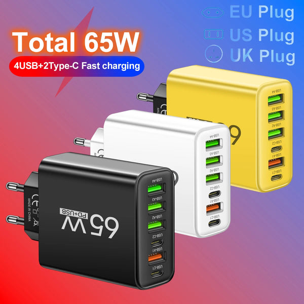 Carregador Rápido 65W – 6 em 1: Carregue iPhone, Samsung, Xiaomi e Mais com Velocidade e Eficiência!