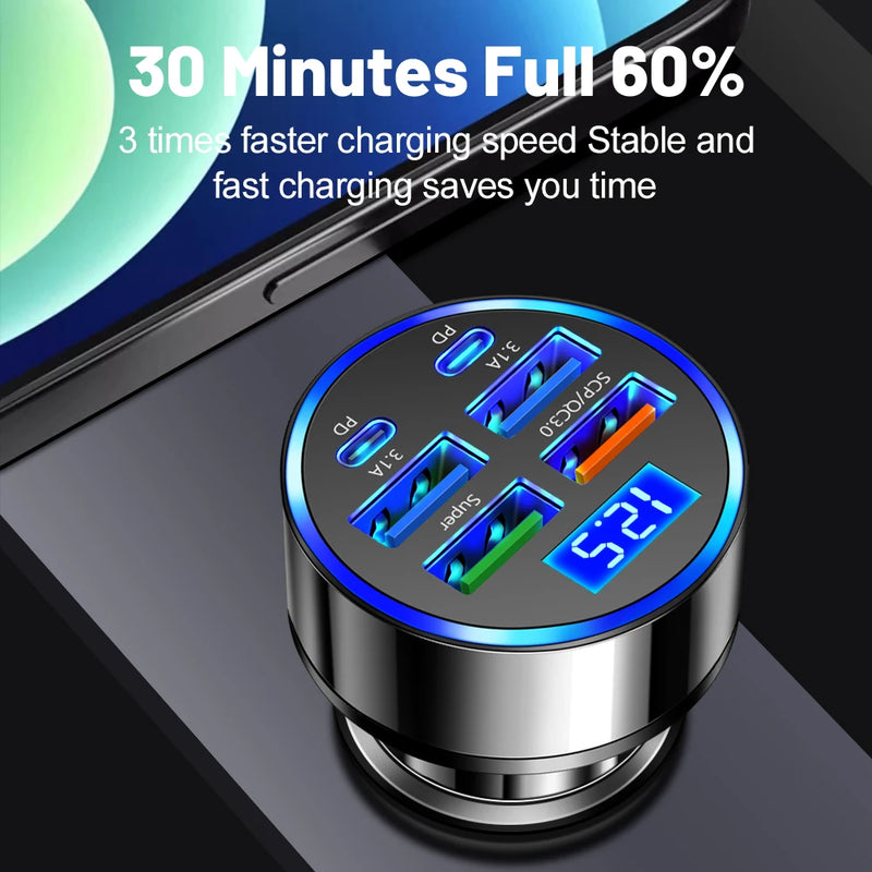 Carregador de Carro USB Tipo C 100W – 6 Portas com Carregamento Rápido PD e QC3.0!