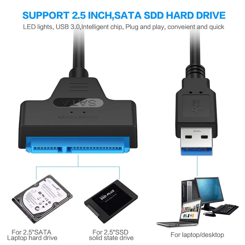 Cabo SATA para USB 3.0/2.0 – Conexão Rápida para HDD e SSD até 6Gbps!