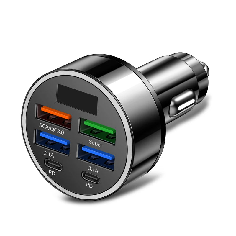 Carregador de Carro USB Tipo C 100W – 6 Portas com Carregamento Rápido PD e QC3.0!